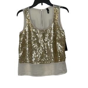 Ing Scoop Neck Gold Sequined Tank Gauzy Camisole Top Sleeveless Medium Women NWT